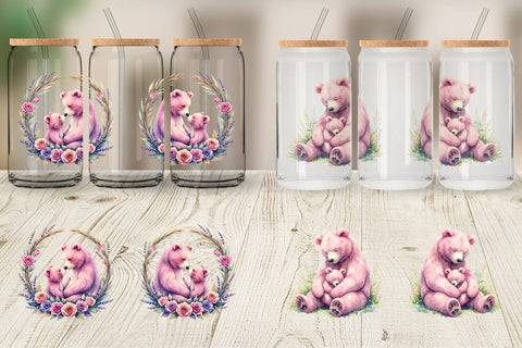 Glass Can Mama Bear Cub Watercolor Sublimation artnoy 