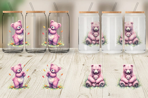 Glass Can Mama Bear Cub Watercolor Sublimation artnoy 