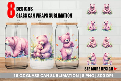 Glass Can Mama Bear Cub Watercolor Sublimation artnoy 