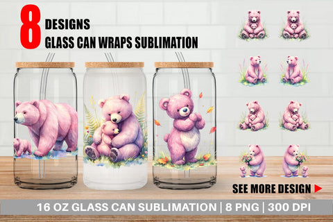 Glass Can Mama Bear Cub Watercolor Sublimation artnoy 