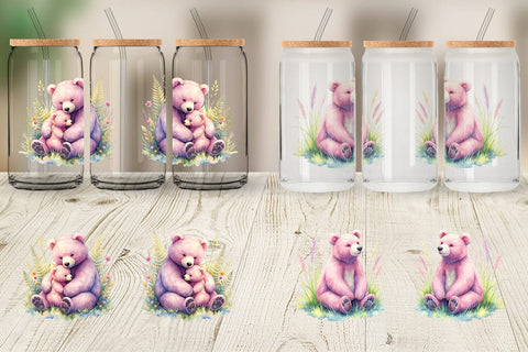 Glass Can Mama Bear Cub Watercolor Sublimation artnoy 