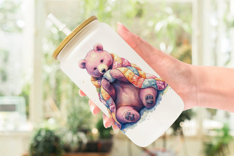 Glass Can Mama Bear Reading Watercolor Sublimation artnoy 