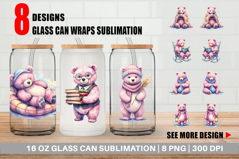 Glass Can Mama Bear Reading Watercolor Sublimation artnoy 