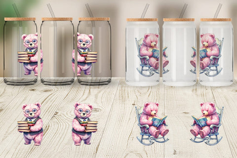 Glass Can Mama Bear Reading Watercolor Sublimation artnoy 