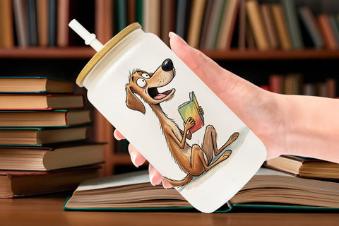 Glass Can Midnight Reading Dog Watercolor Sublimation artnoy 