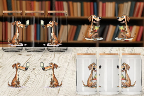 Glass Can Midnight Reading Dog Watercolor Sublimation artnoy 