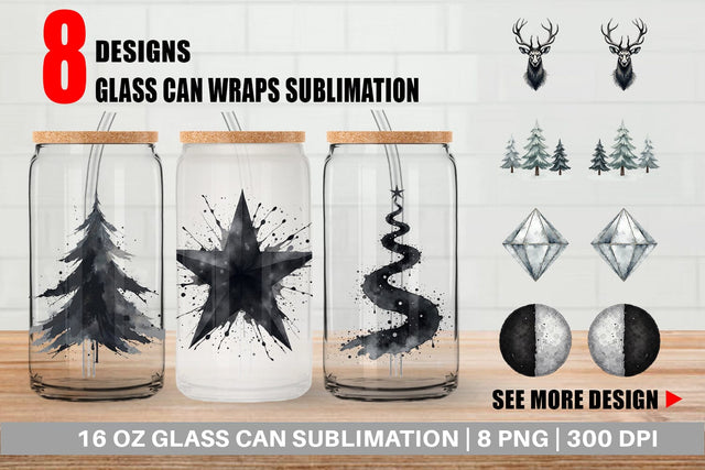 Glass Can Modern Monochrome & Silver Christmas Sublimation artnoy 