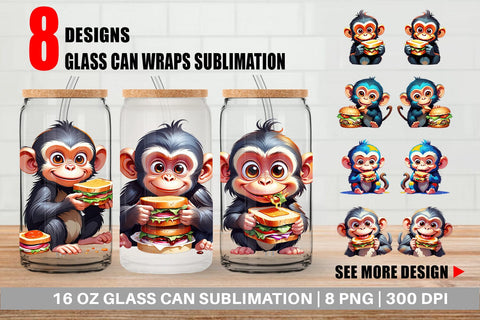Glass Can Monkey with Sandwich Sublimation artnoy 