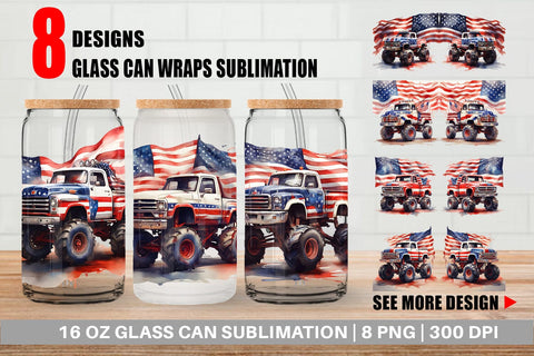 Glass Can Monster Truck Patriotic Sublimation artnoy 