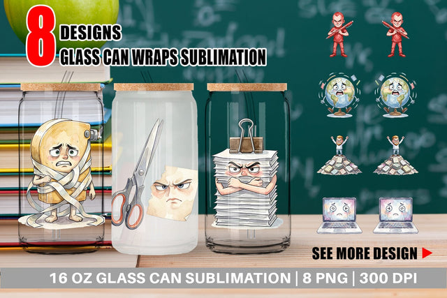 Glass Can Moody Desk Mascot Teacher Watercolor Sublimation artnoy 