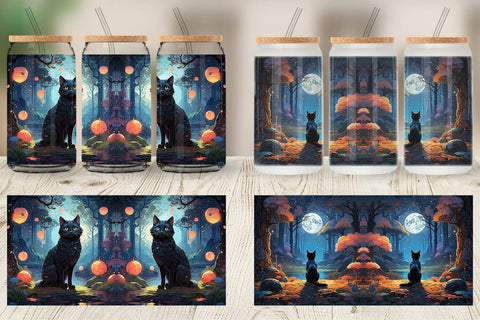 Glass Can Moonlit Woodland Black Cat Sublimation artnoy 