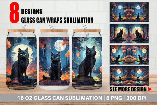Glass Can Moonlit Woodland Black Cat Sublimation artnoy 