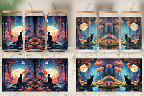 Glass Can Moonlit Woodland Black Cat Sublimation artnoy 