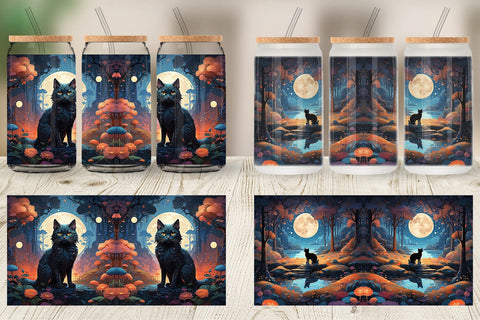 Glass Can Moonlit Woodland Black Cat Sublimation artnoy 
