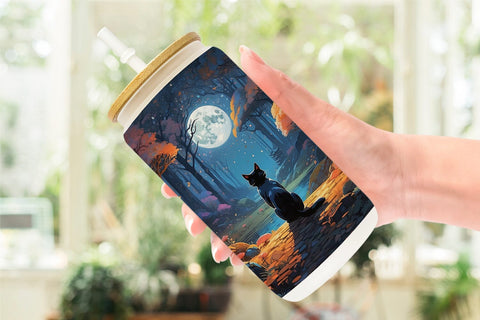 Glass Can Moonlit Woodland Black Cat Sublimation artnoy 