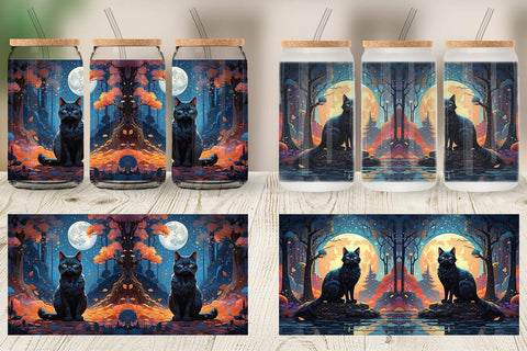 Glass Can Moonlit Woodland Black Cat Sublimation artnoy 