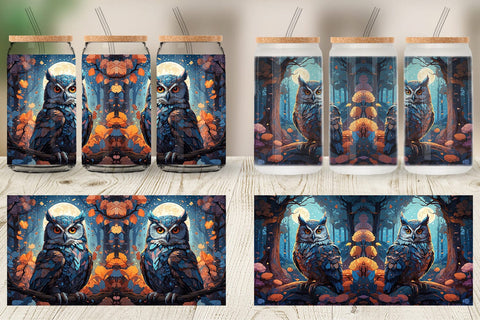 Glass Can Moonlit Woodland Owl Sublimation artnoy 