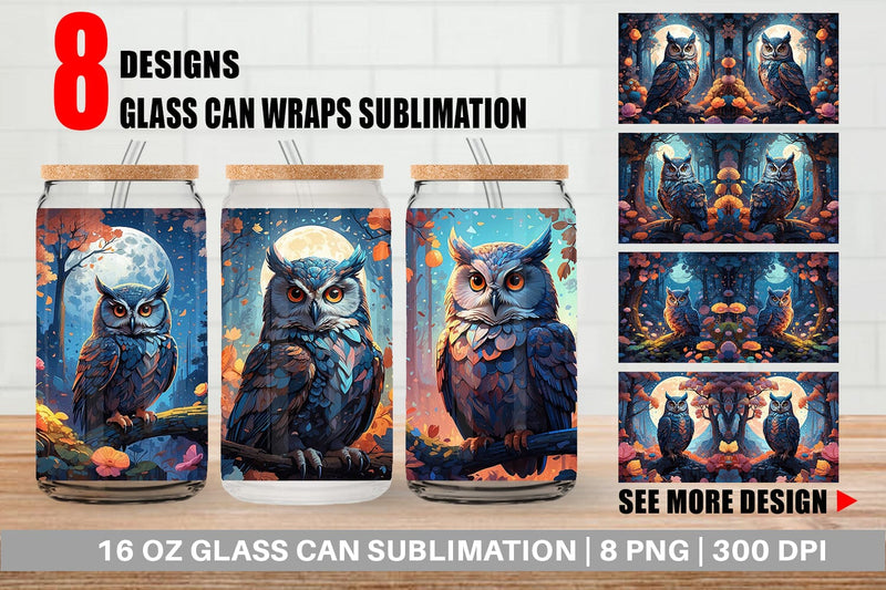 Glass Can Moonlit Woodland Owl Sublimation artnoy 