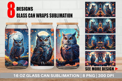 Glass Can Moonlit Woodland Owl Sublimation artnoy 