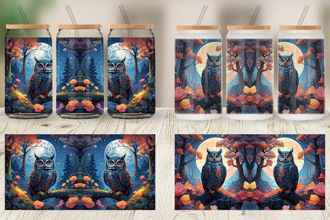 Glass Can Moonlit Woodland Owl Sublimation artnoy 
