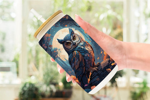 Glass Can Moonlit Woodland Owl Sublimation artnoy 