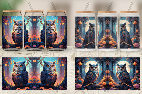 Glass Can Moonlit Woodland Owl Sublimation artnoy 