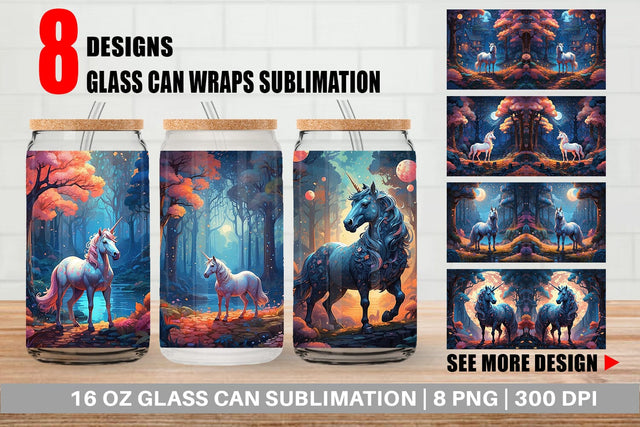 Glass Can Moonlit Woodland Unicorn Sublimation artnoy 
