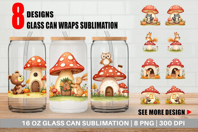 Glass Can Mushroom Forest Friends Sublimation artnoy 