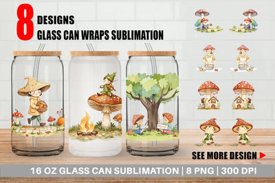 Glass Can Mushroom Village Friends Sublimation artnoy 