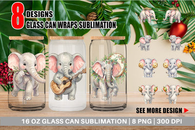 Glass Can Musical Jungle Elephant Watercolor Sublimation artnoy 