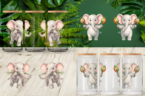 Glass Can Musical Jungle Elephant Watercolor Sublimation artnoy 