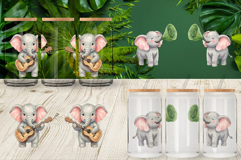 Glass Can Musical Jungle Elephant Watercolor Sublimation artnoy 