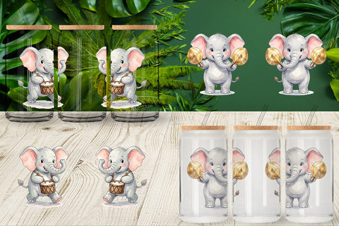 Glass Can Musical Jungle Elephant Watercolor Sublimation artnoy 