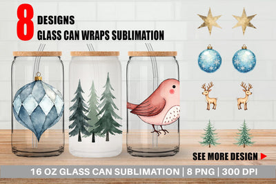 Glass Can Nordic Winter Watercolor Christmas Sublimation artnoy 