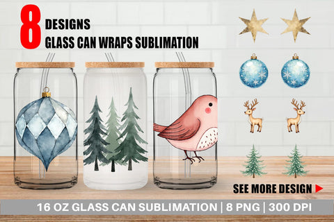 Glass Can Nordic Winter Watercolor Christmas Sublimation artnoy 