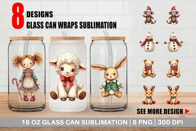 Glass Can Nostalgic Christmas Plush Toys Watercolor Sublimation artnoy 