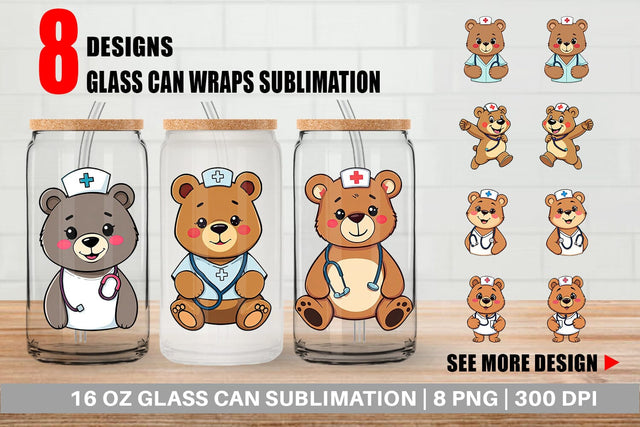 Glass Can Nurse Bear Sublimation artnoy 