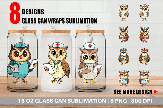 Glass Can Nurse Owl Sublimation artnoy 