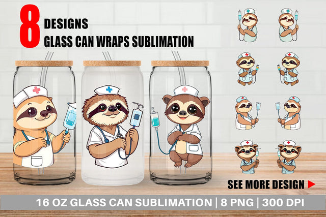 Glass Can Nurse Sloth Sublimation artnoy 