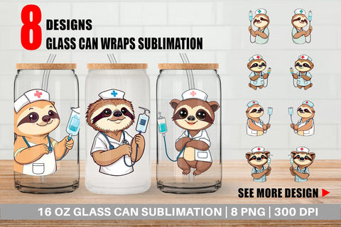 Glass Can Nurse Sloth Sublimation artnoy 