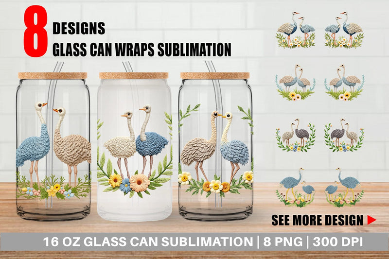Glass Can Ostrich Embroidery Sublimation artnoy 