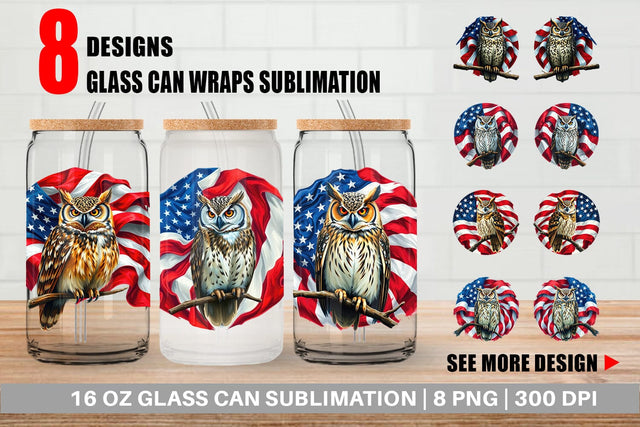 Glass Can Owl 4th of July Sublimation artnoy 