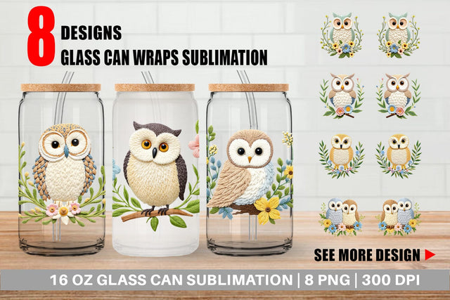 Glass Can Owl Embroidery Sublimation artnoy 