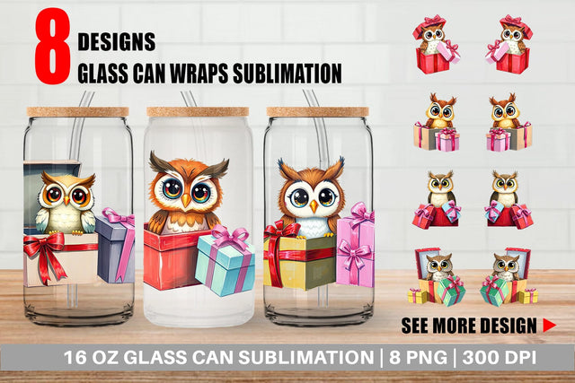 Glass Can Owl Gift Sublimation artnoy 