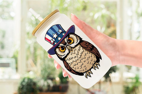 Glass Can Owl Patriotic Sublimation artnoy 