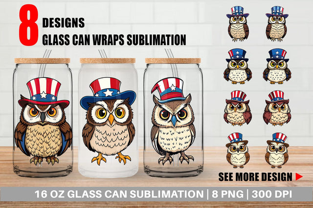 Glass Can Owl Patriotic Sublimation artnoy 