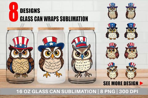 Glass Can Owl Patriotic Sublimation artnoy 