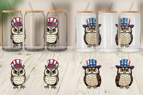 Glass Can Owl Patriotic Sublimation artnoy 