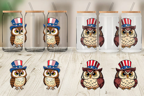 Glass Can Owl Patriotic Sublimation artnoy 