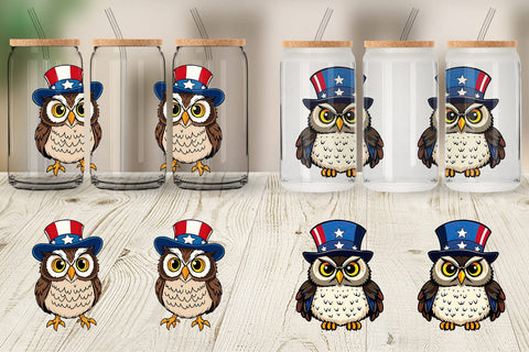 Glass Can Owl Patriotic Sublimation artnoy 